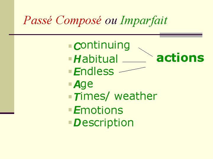 Passé Composé ou Imparfait § Continuing actions § H abitual § Endless § Age