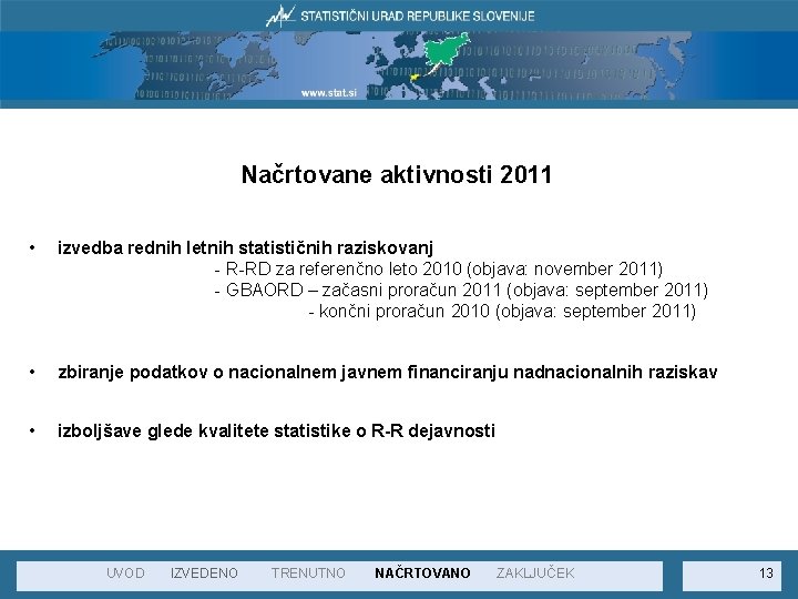 Načrtovane aktivnosti 2011 • izvedba rednih letnih statističnih raziskovanj - R-RD za referenčno leto