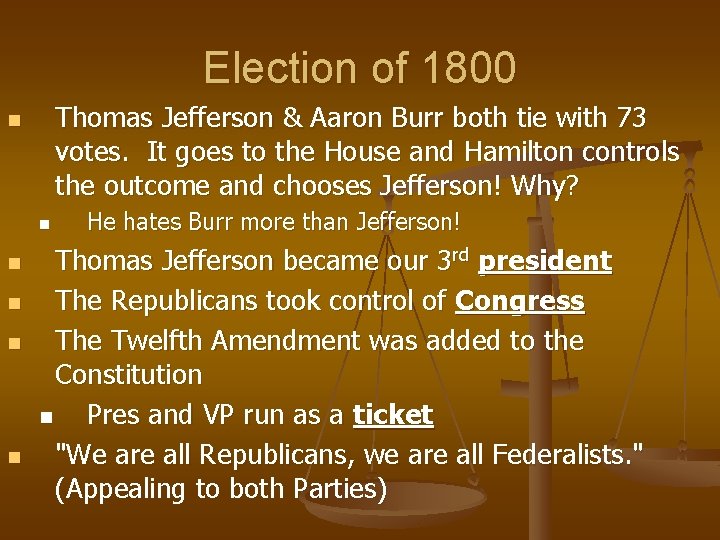 Election of 1800 Thomas Jefferson & Aaron Burr both tie with 73 votes. It