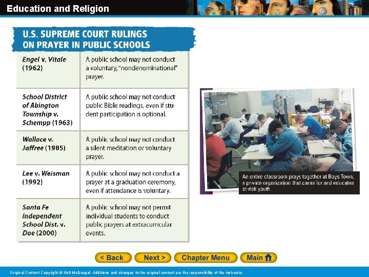 Education and Religion Original Content Copyright © Holt Mc. Dougal. Additions and changes to