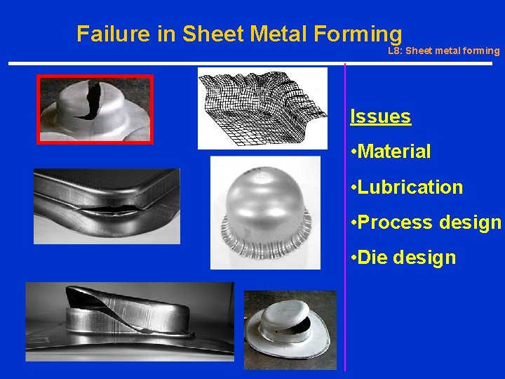 Failure in Sheet Metal Forming L 8: Sheet metal forming Issues • Material •