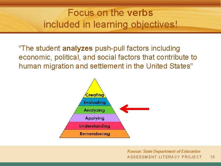 Focus on the verbs included in learning objectives! “The student analyzes push-pull factors including