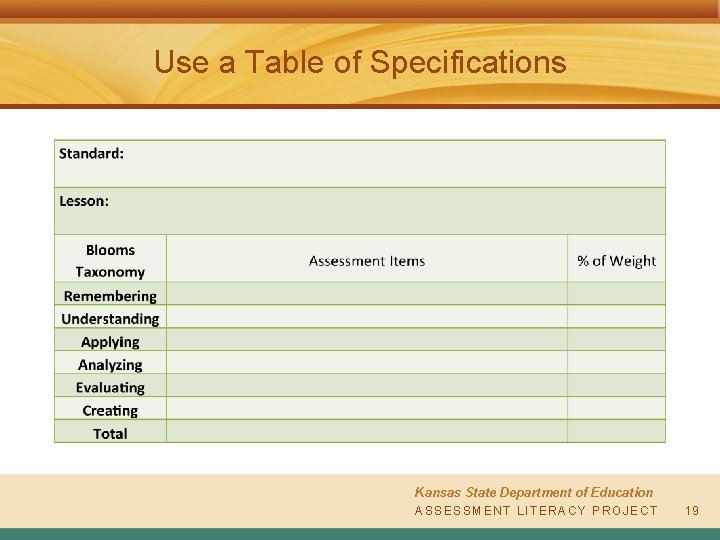 Use a Table of Specifications Kansas State Department of Education A S SAESSSSEMSESNMTE L