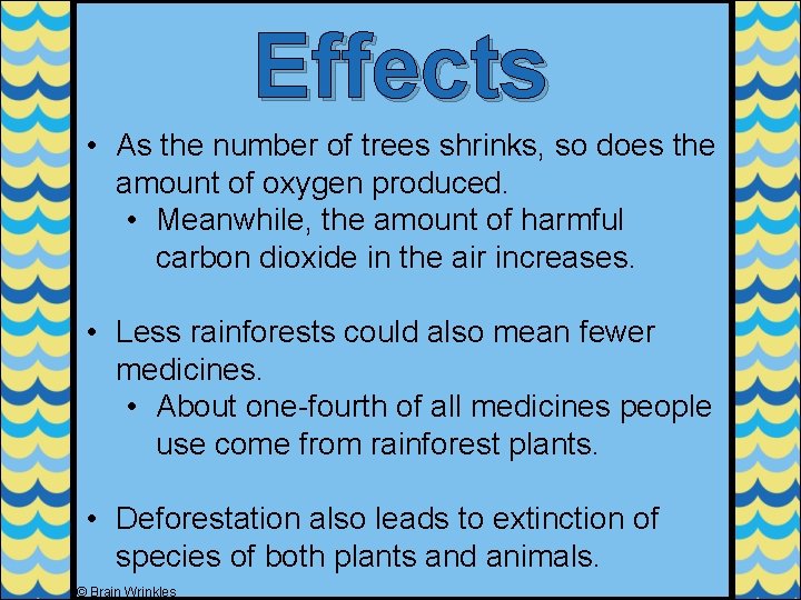 Effects • As the number of trees shrinks, so does the amount of oxygen