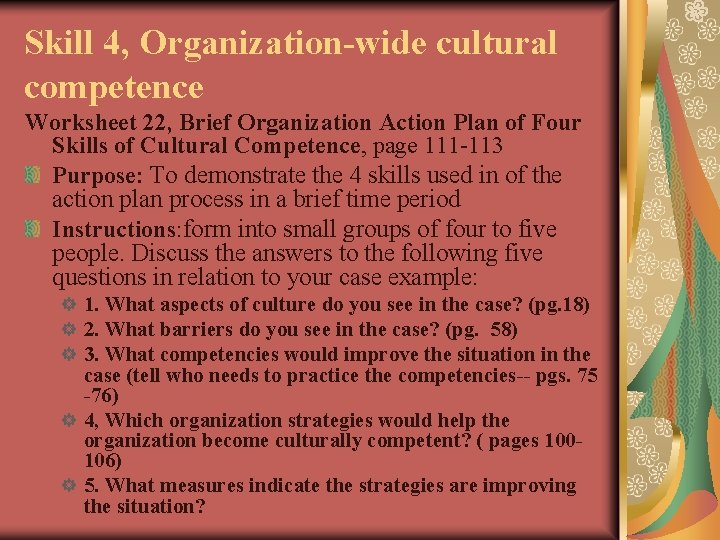 Skill 4, Organization-wide cultural competence Worksheet 22, Brief Organization Action Plan of Four Skills