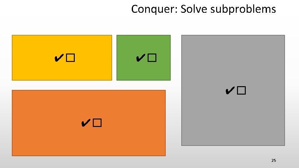 Conquer: Solve subproblems ✔� ✔� 25 