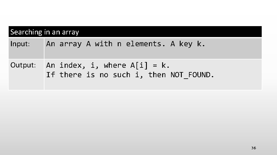 Searching in an array Input: An array A with n elements. A key k.