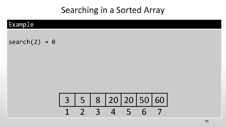 Searching in a Sorted Array Example search(2) → 0 3 1 5 2 8