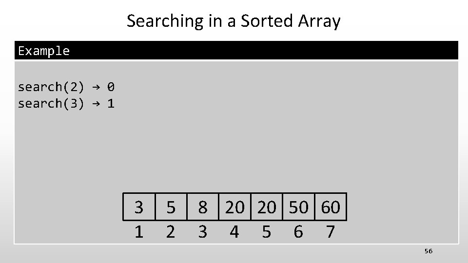 Searching in a Sorted Array Example search(2) → 0 search(3) → 1 3 1