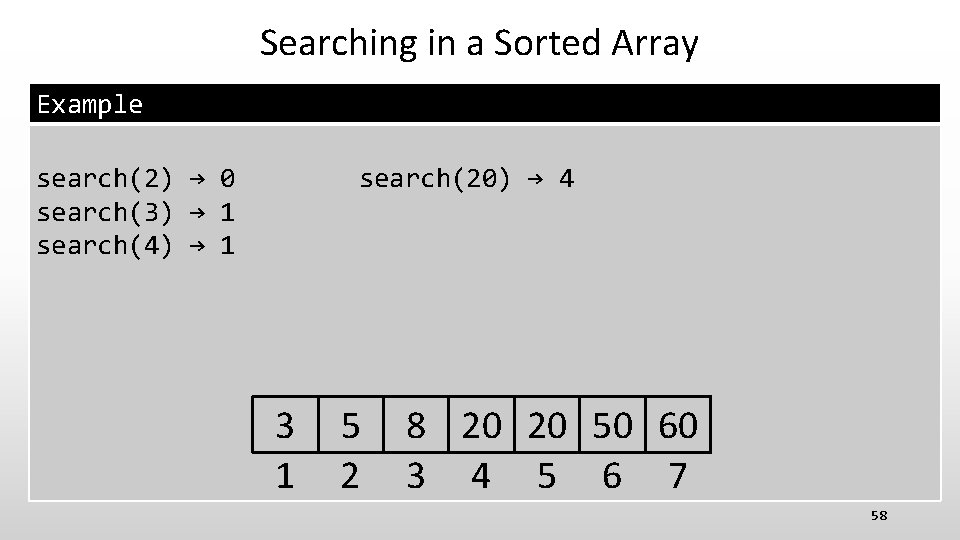 Searching in a Sorted Array Example search(2) → 0 search(3) → 1 search(4) →