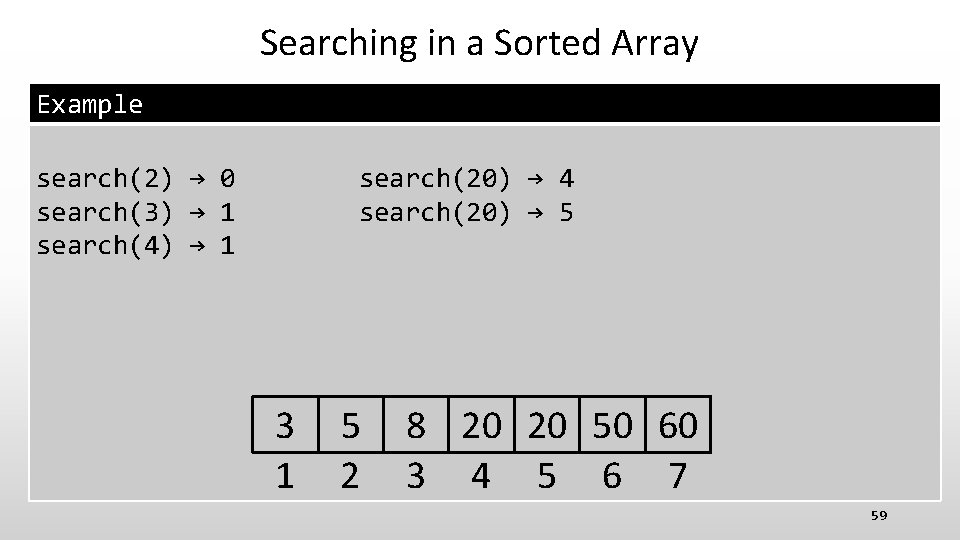 Searching in a Sorted Array Example search(2) → 0 search(3) → 1 search(4) →