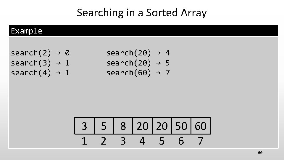 Searching in a Sorted Array Example search(2) → 0 search(3) → 1 search(4) →