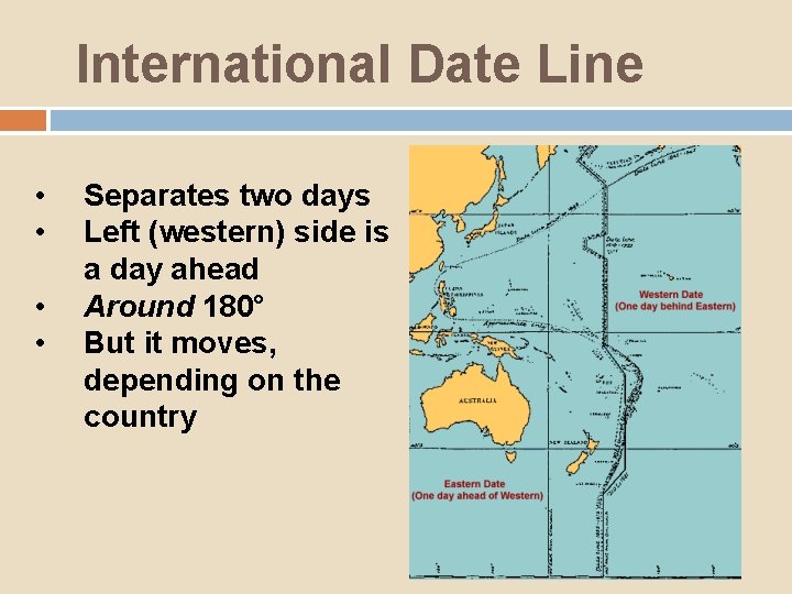 International Date Line • • Separates two days Left (western) side is a day
