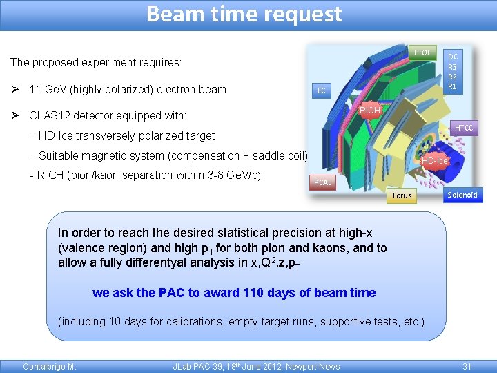 Beam time request FTOF The proposed experiment requires: Ø 11 Ge. V (highly polarized)