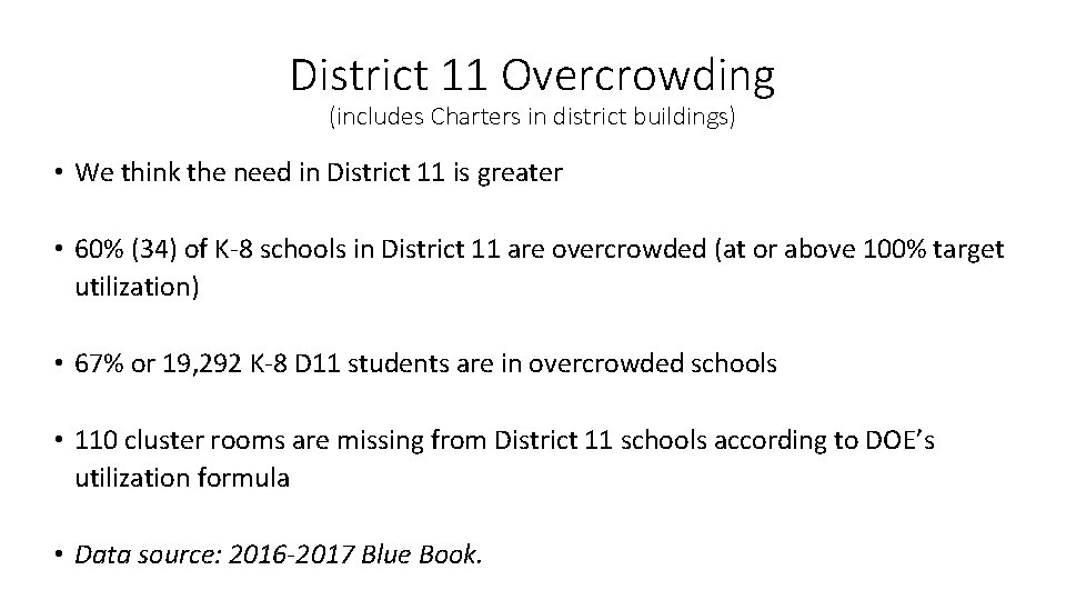 District 11 Overcrowding (includes Charters in district buildings) • We think the need in