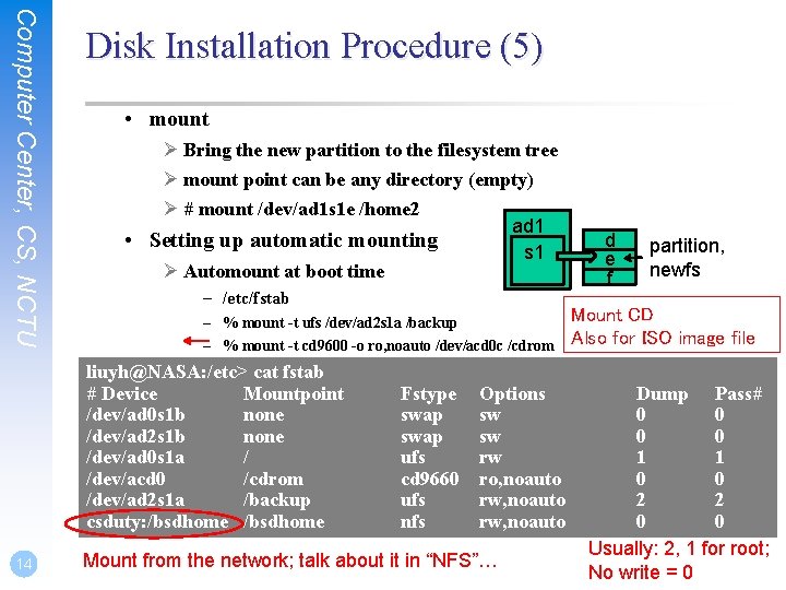 Computer Center, CS, NCTU Disk Installation Procedure (5) • mount Ø Bring the new