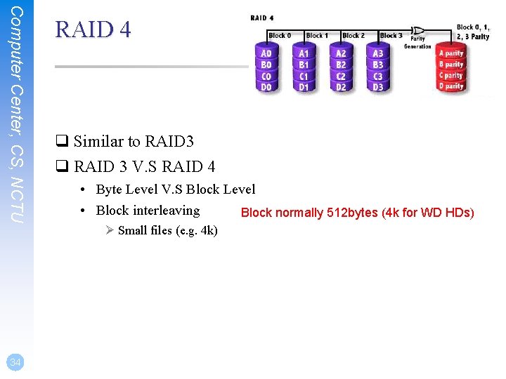 Computer Center, CS, NCTU 34 RAID 4 q Similar to RAID 3 q RAID