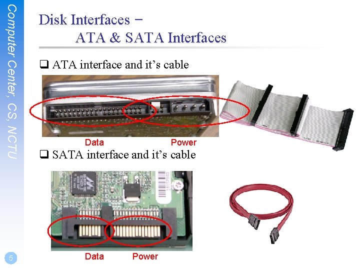 Computer Center, CS, NCTU 5 Disk Interfaces – ATA & SATA Interfaces q ATA