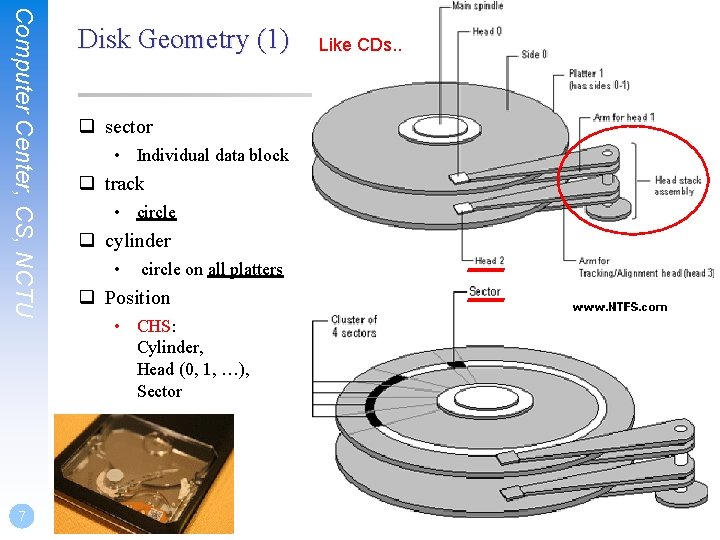 Computer Center, CS, NCTU 7 Disk Geometry (1) q sector • Individual data block