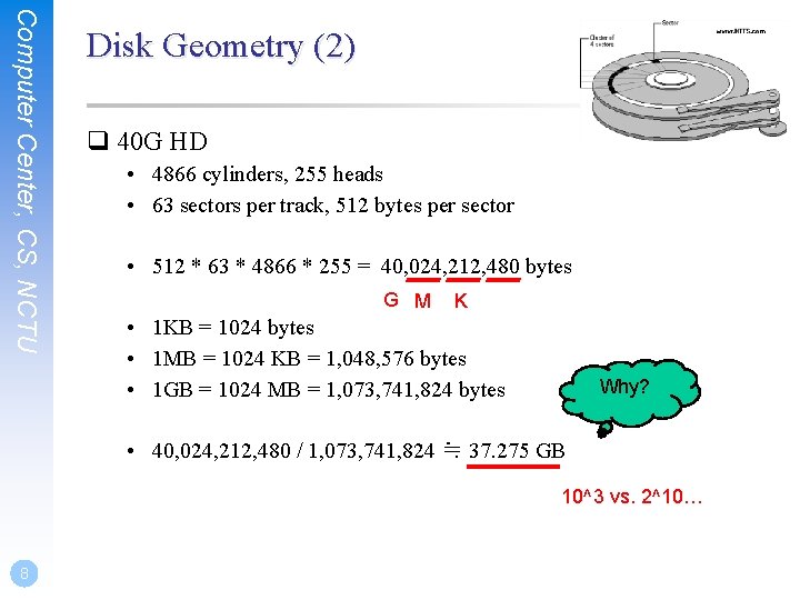 Computer Center, CS, NCTU Disk Geometry (2) q 40 G HD • 4866 cylinders,