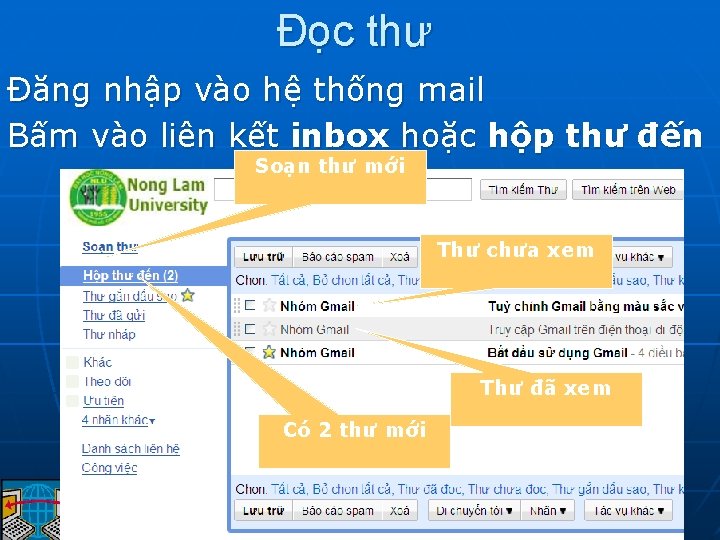 Đọc thư Đăng nhập vào hệ thống mail Bấm vào liên kết inbox hoặc