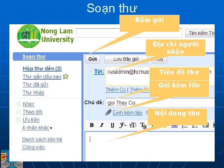 Soạn thư Bấm gởi Địa chỉ người nhận Tiêu đề thư Gởi kèm file