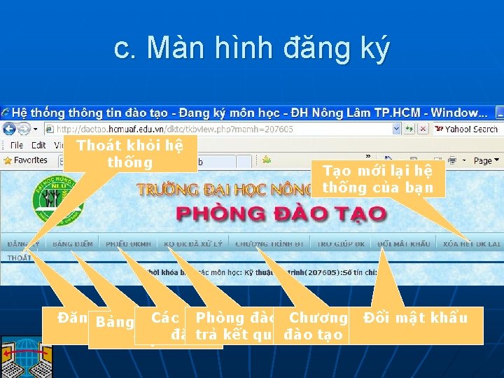 c. Màn hình đăng ký Thoát khỏi hệ thống Tạo mới lại hệ thống