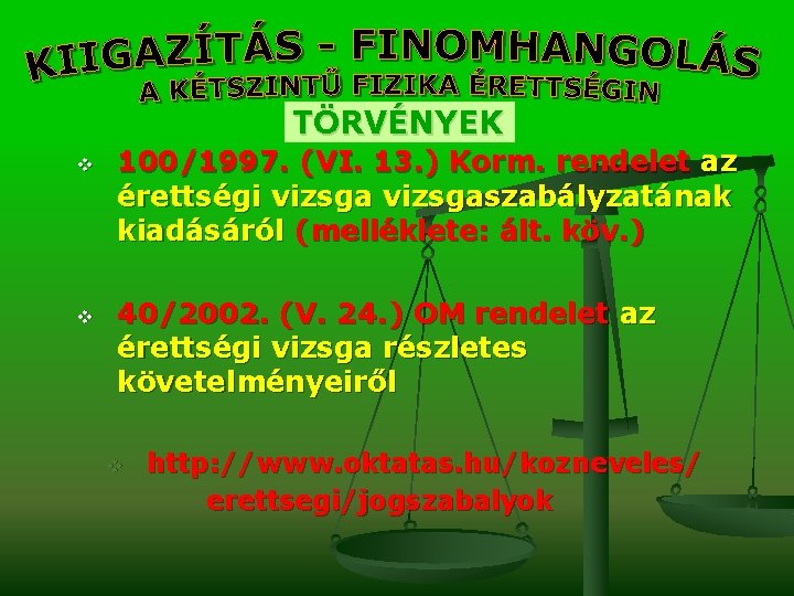 TÖRVÉNYEK v v 100/1997. (VI. 13. ) Korm. rendelet az érettségi vizsgaszabályzatának kiadásáról (melléklete: