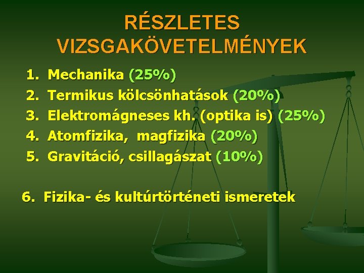 RÉSZLETES VIZSGAKÖVETELMÉNYEK 1. 2. 3. 4. 5. Mechanika (25%) Termikus kölcsönhatások (20%) Elektromágneses kh.