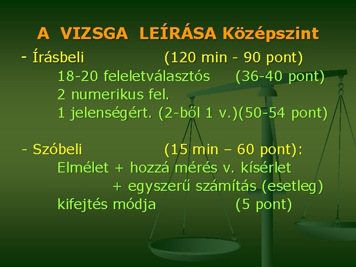 A VIZSGA LEÍRÁSA Középszint - Írásbeli (120 min - 90 pont) 18 -20 feleletválasztós