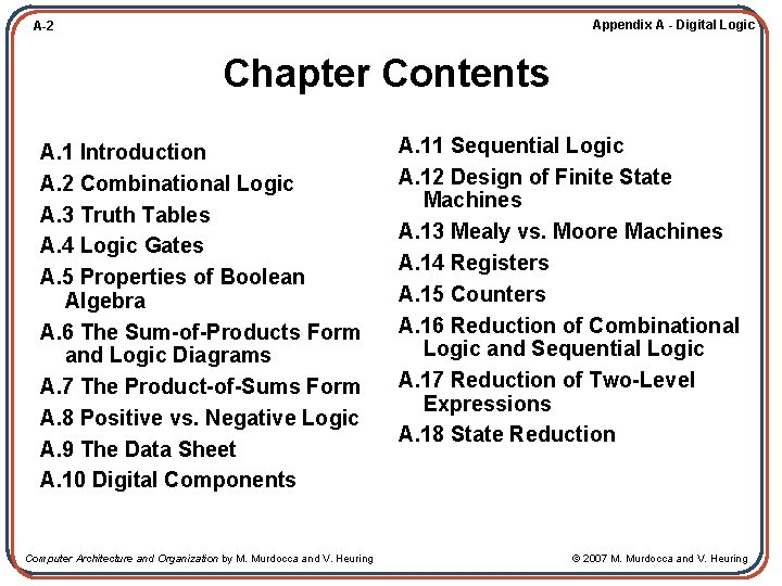 Appendix A - Digital Logic A-2 Chapter Contents A. 1 Introduction A. 2 Combinational