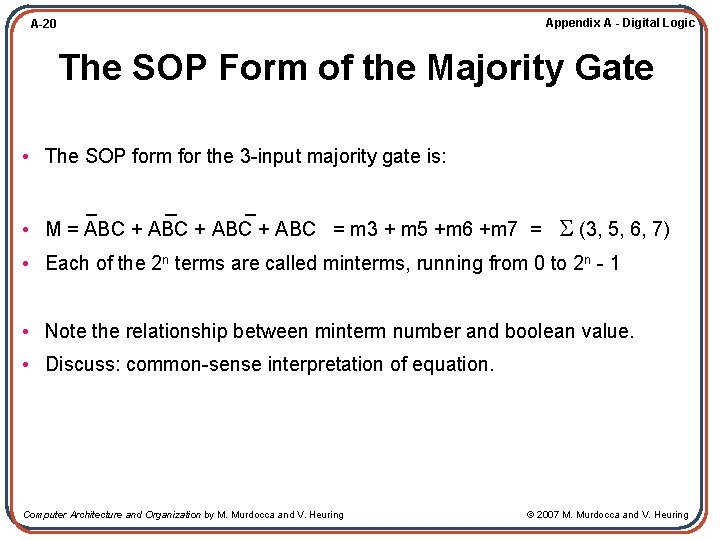 Appendix A - Digital Logic A-20 The SOP Form of the Majority Gate •