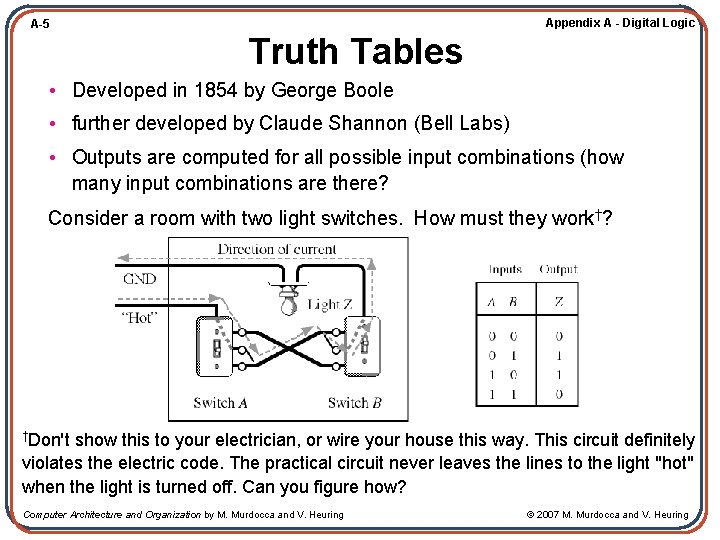 Appendix A - Digital Logic A-5 Truth Tables • Developed in 1854 by George