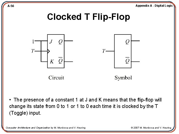 Appendix A - Digital Logic A-56 Clocked T Flip-Flop • The presence of a