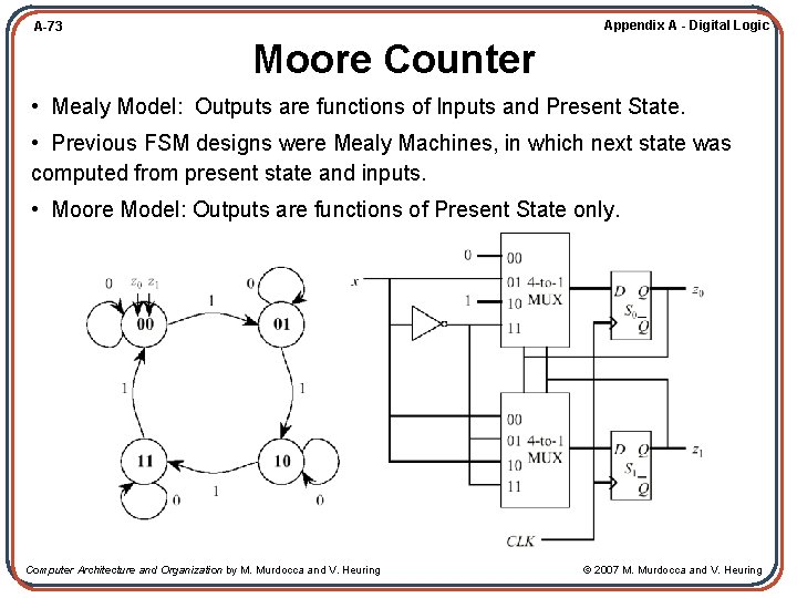 Appendix A - Digital Logic A-73 Moore Counter • Mealy Model: Outputs are functions