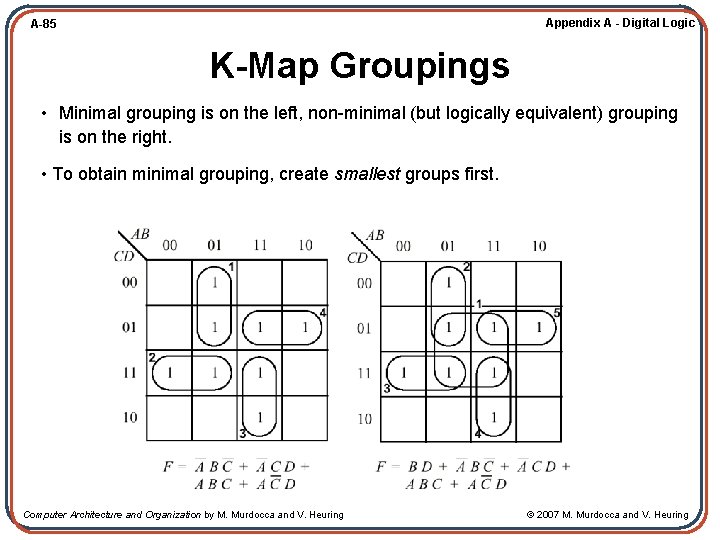 Appendix A - Digital Logic A-85 K-Map Groupings • Minimal grouping is on the