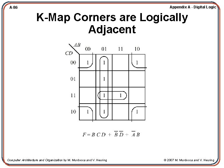 Appendix A - Digital Logic A-86 K-Map Corners are Logically Adjacent Computer Architecture and
