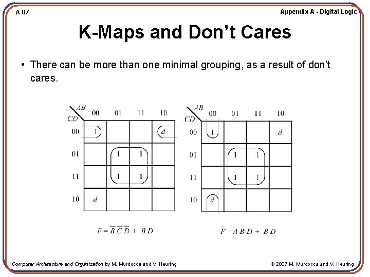 Appendix A - Digital Logic A-87 K-Maps and Don’t Cares • There can be