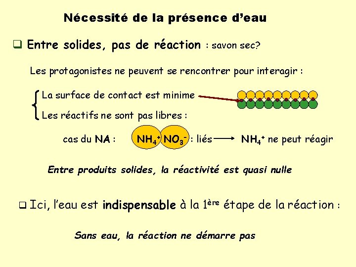 Nécessité de la présence d’eau q Entre solides, pas de réaction : savon sec?
