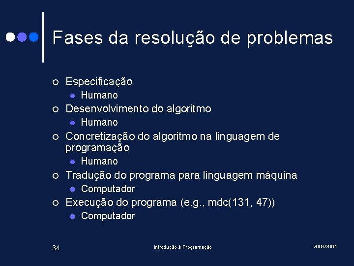 Fases da resolução de problemas ¢ Especificação l ¢ Desenvolvimento do algoritmo l ¢