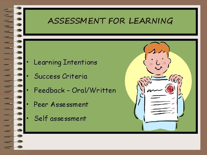 ASSESSMENT FOR LEARNING • Learning Intentions • Success Criteria • Feedback – Oral/Written • ASSESSMENT FOR LEARNING • Learning Intentions • Success Criteria • Feedback – Oral/Written •