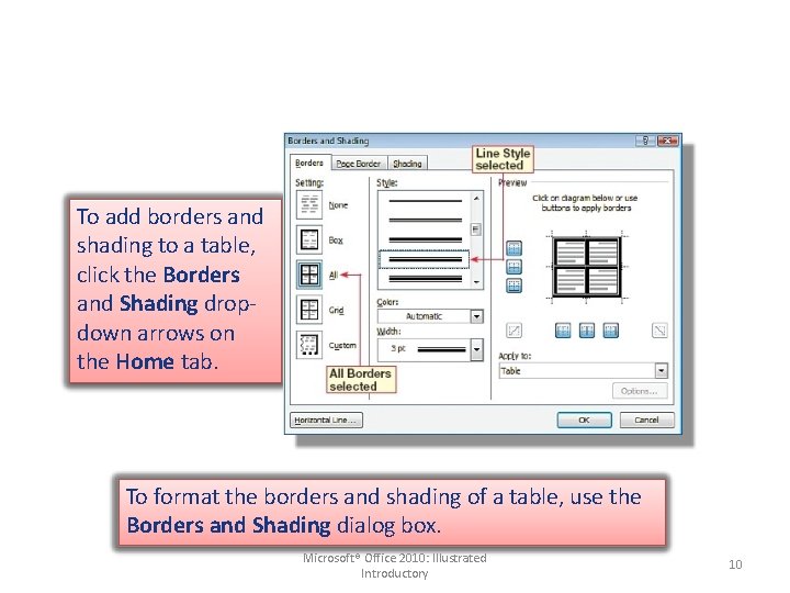 To add borders and shading to a table, click the Borders and Shading dropdown