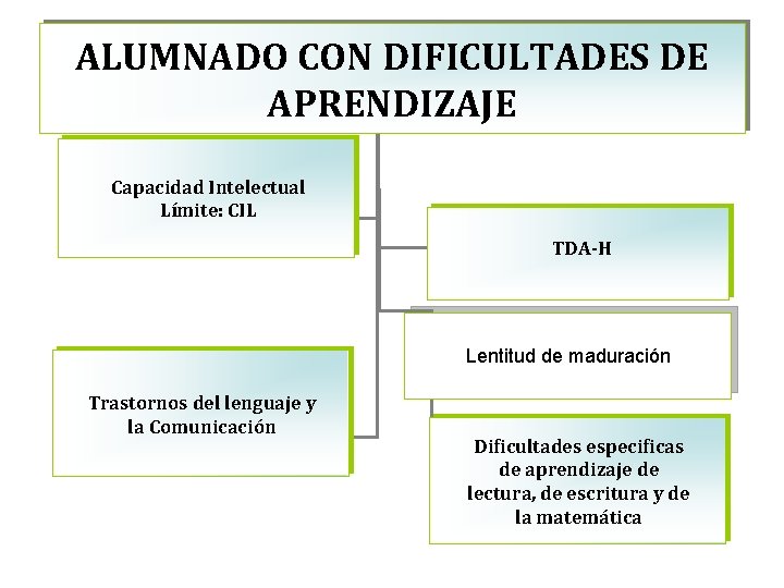 ALUMNADO CON DIFICULTADES DE APRENDIZAJE Capacidad Intelectual Límite: CIL TDA-H Lentitud de maduración Trastornos