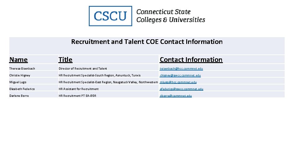 Recruitment and Talent COE Contact Information Name Title Contact Information Theresa Eisenbach Director of