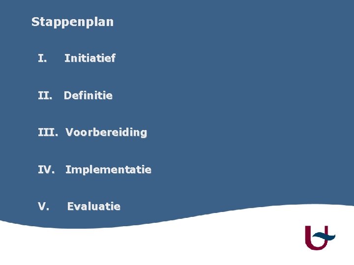 Stappenplan I. Initiatief II. Definitie III. Voorbereiding IV. Implementatie V. Evaluatie 