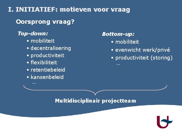 I. INITIATIEF: motieven voor vraag Oorsprong vraag? Top-down: § mobiliteit § decentralisering § productiviteit