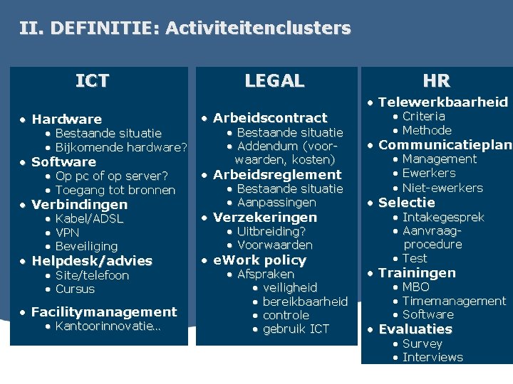 II. DEFINITIE: Activiteitenclusters ICT • Hardware • Bestaande situatie • Bijkomende hardware? • Software