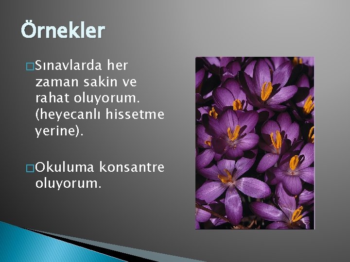 Örnekler � Sınavlarda her zaman sakin ve rahat oluyorum. (heyecanlı hissetme yerine). � Okuluma