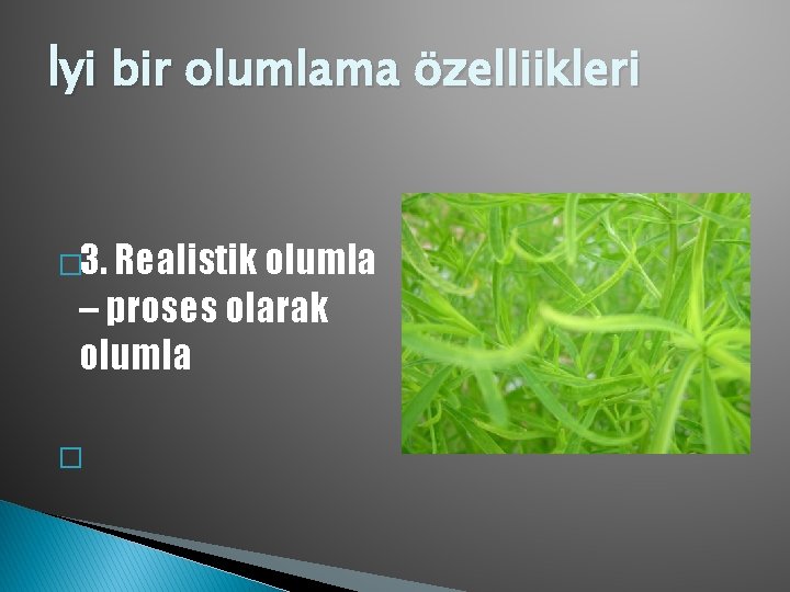 İyi bir olumlama özelliikleri � 3. Realistik olumla – proses olarak olumla � 