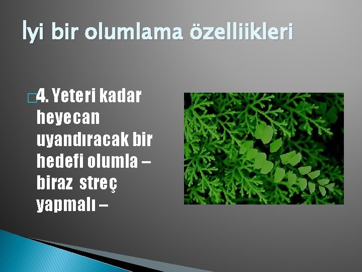 İyi bir olumlama özelliikleri � 4. Yeteri kadar heyecan uyandıracak bir hedefi olumla –